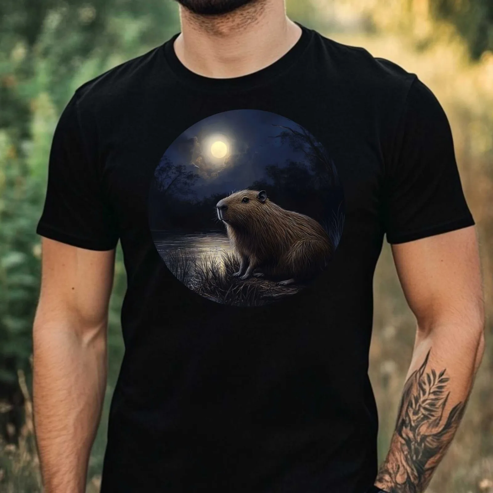 Mens Capybara Moonlight Motif Cotton T-Shirt Size XS to 5XL