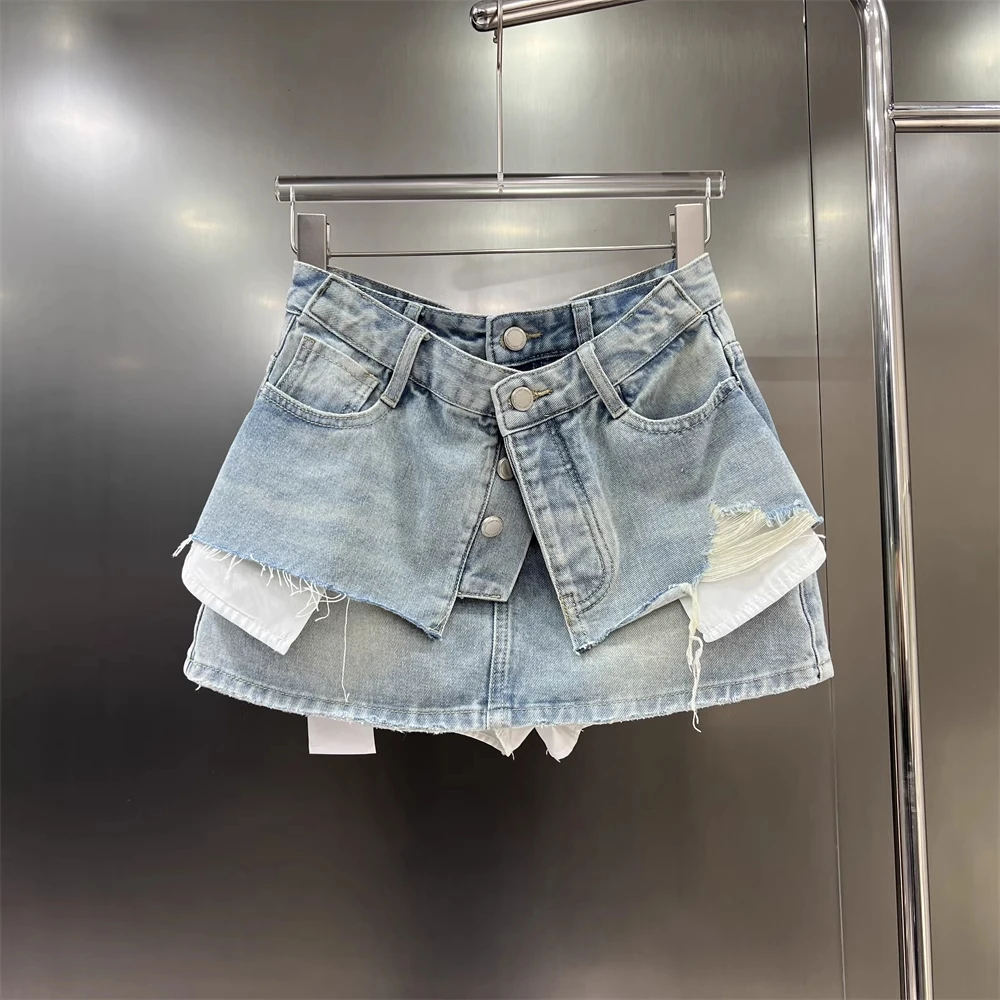 

Summer New Niche Design Sense Of Broken Holes Single-Breasted Fake Two-Piece Denim Half-Body Skirt Trousers