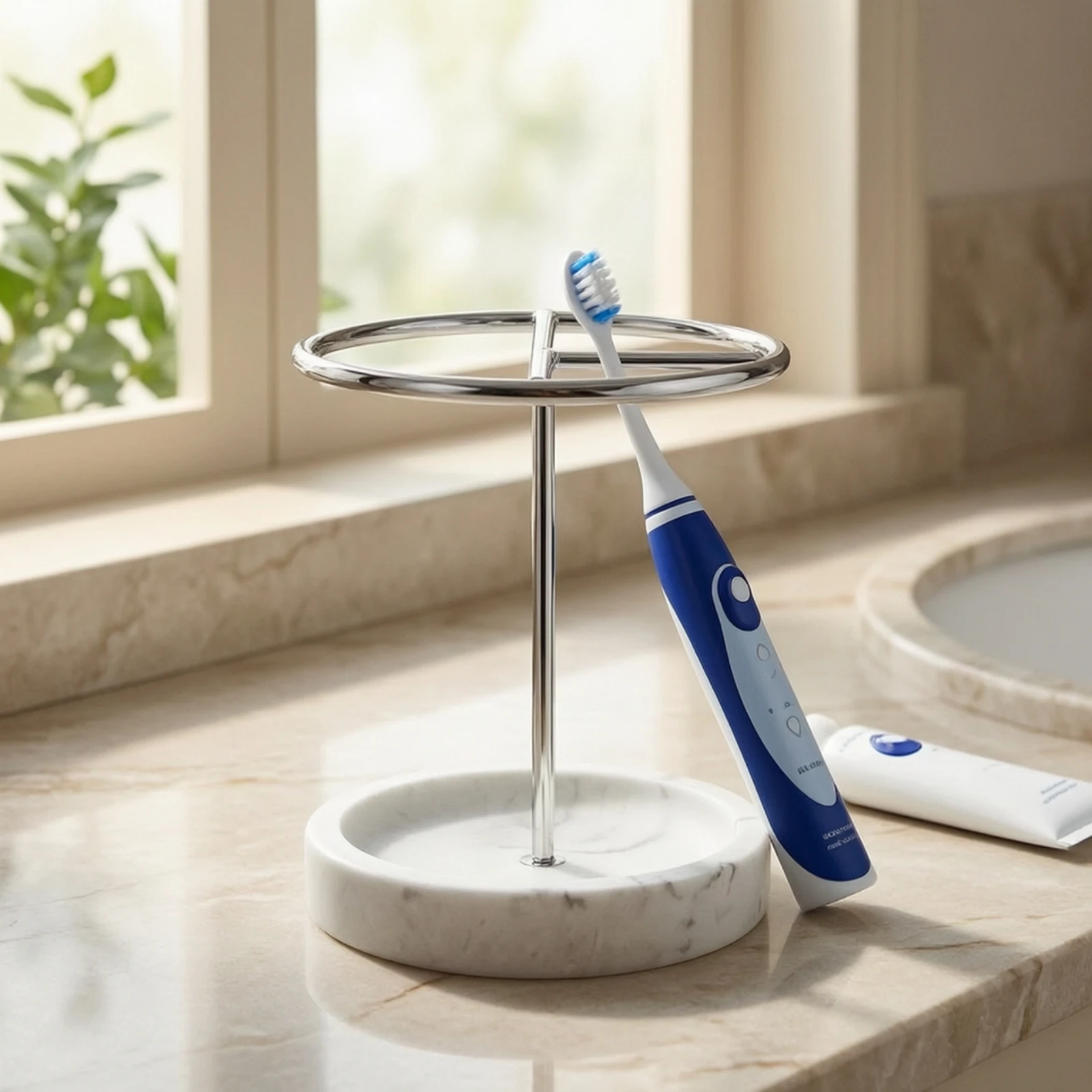 Toothbrush and Toothpaste Holder Rustproof Toothbrush Holder with Resin Base Countertop Organizer Marble-Like Round for Bathroom