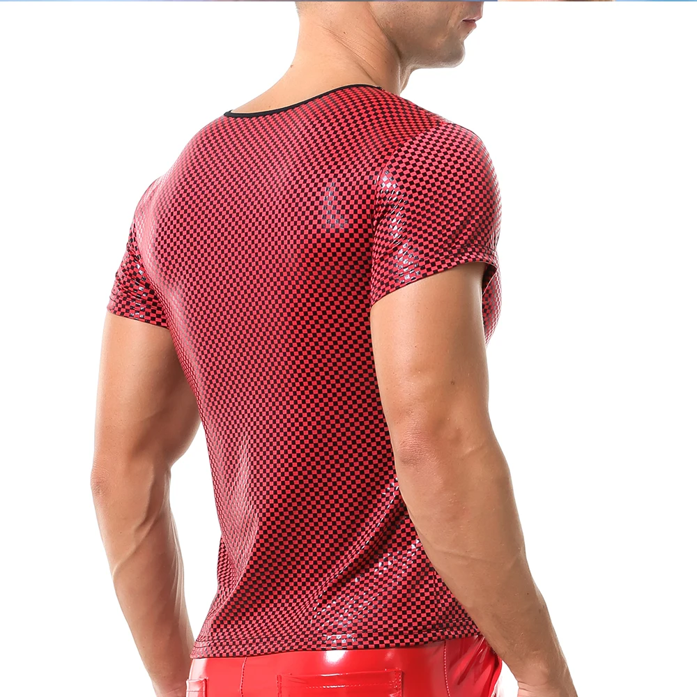 Men Plaid Slim-fit Stretchy Tops Black/Red Short Sleeve O-Neck Tees Sexy Faux Leather T-shirts Nightclub Bar Shaping Undershirts