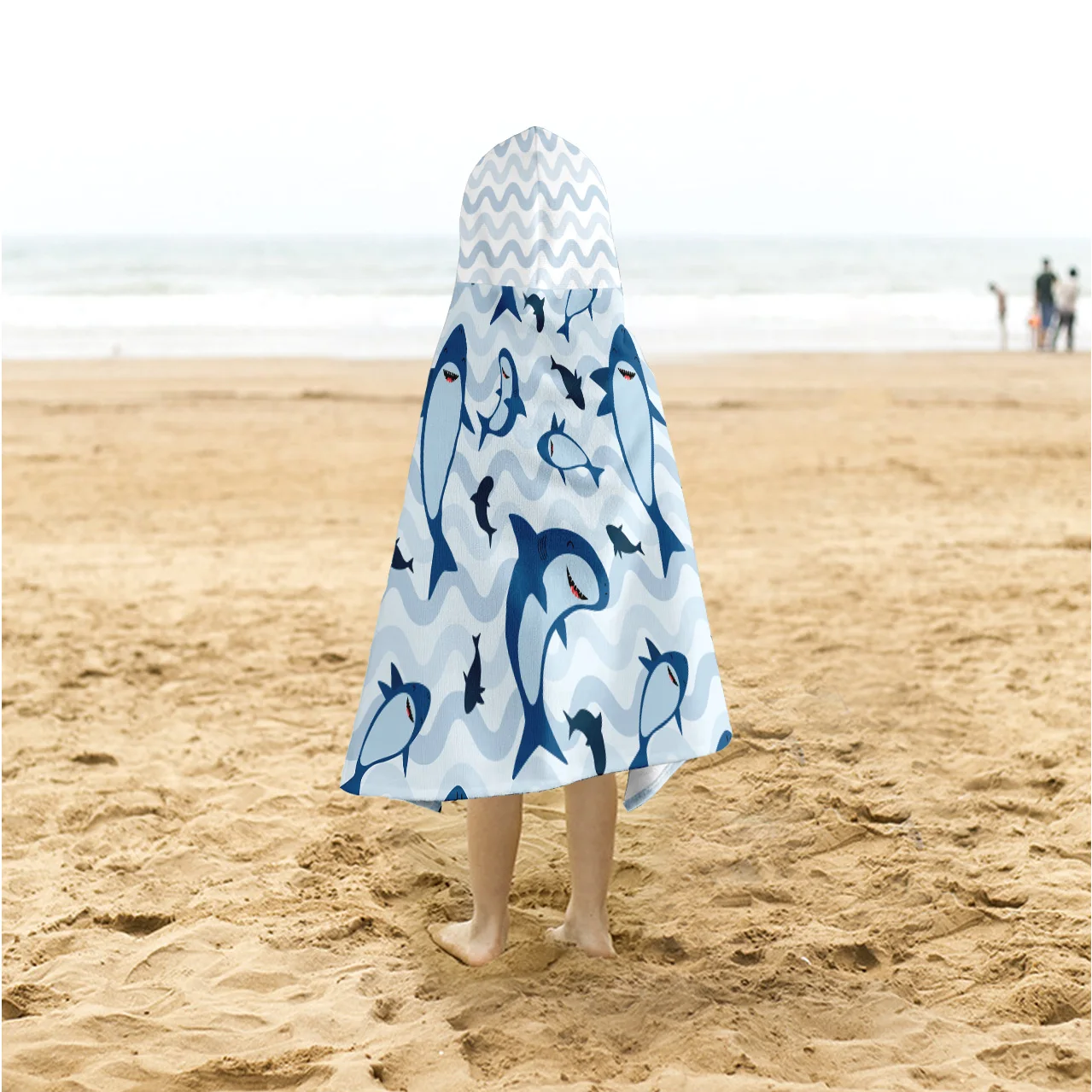 1PC Cartoon Deep Sea Shark Printed Hooded Beach Towel for Kids,Super Absorbent Soft Sand Free，Shower Picnic Camping Towel