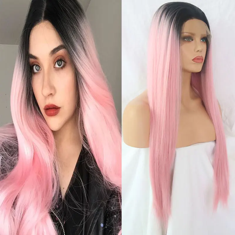 Black Ombre Pink Straight Hair Wig Synthetic 13X4 Lace Front Wigs High Quality Heat Resistant Fiber Hair For Black Women Cosplay