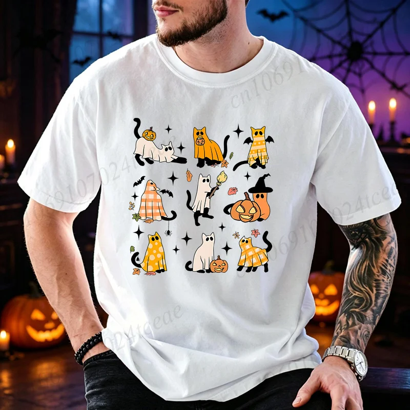 Halloween-Ghost-Cat Pumpkin Graphic T Shirt Men Women Cute Cartoon Kitten Print Tees Unisex Oversized Casual Streetwear Gifts