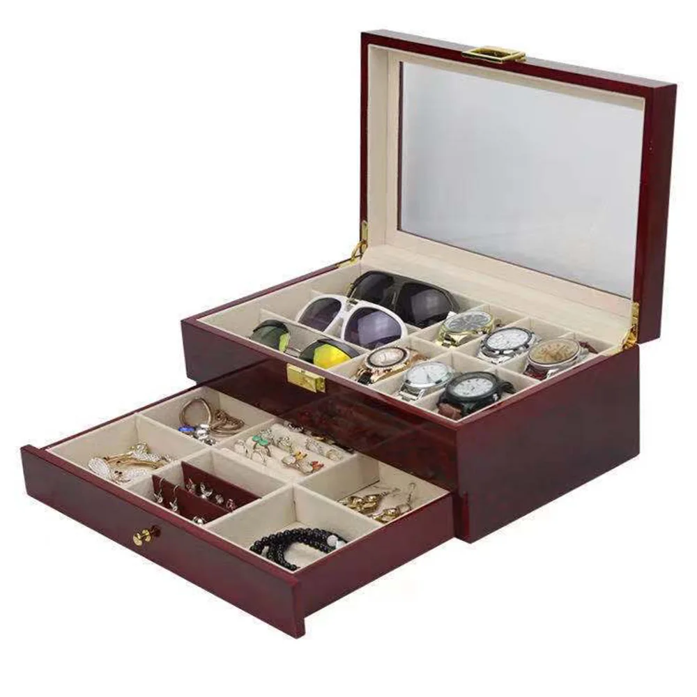 Premium Wood  Jewelry Storage Box - Watch Sunglasses Ring Bracelet Earring Necklace Display Case Double Layer Organization