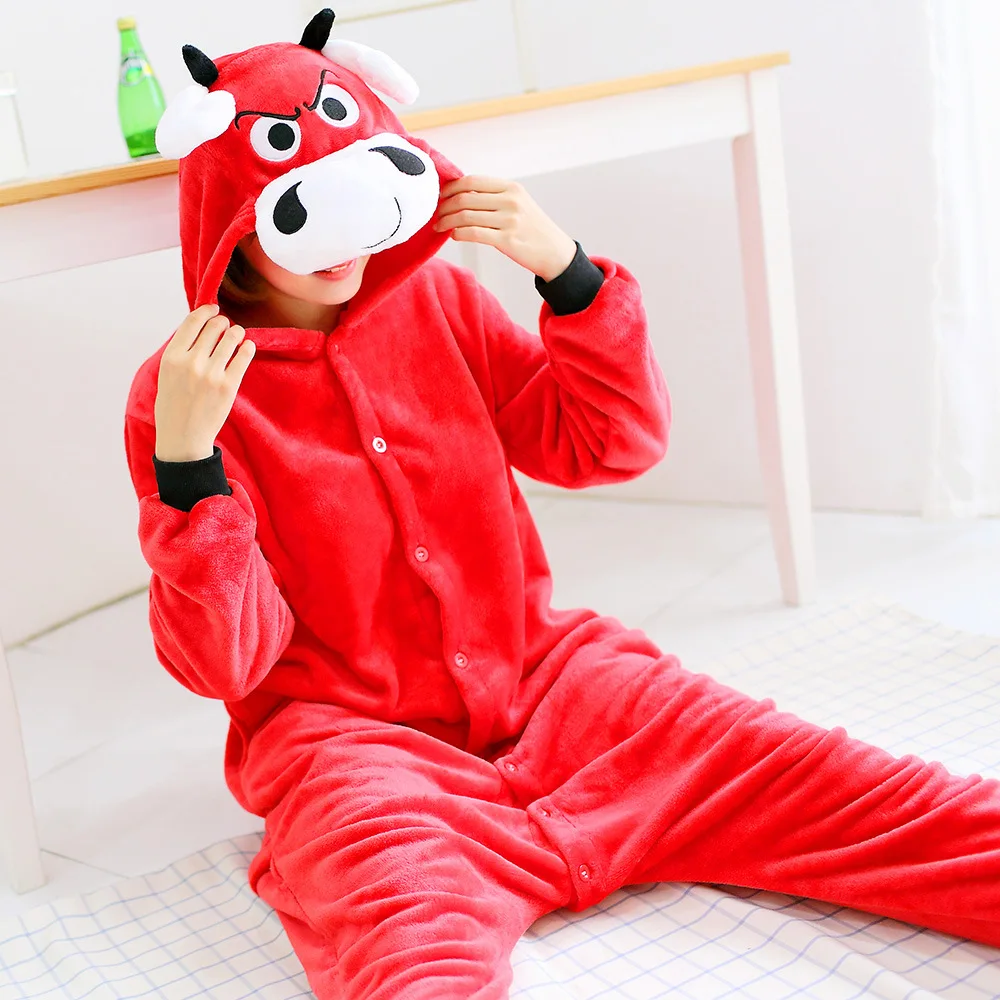 

Halloween Cute Red Cattle Flannel One-piece pajamas Button Onesie Cosplay Couple Sleepwear Comfortable Hooded Leisure wear