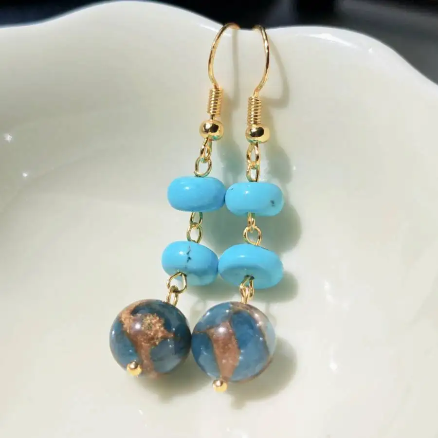 Chinese Turquoise Lampwork Glass Bead Dangle Earrings Women Gold Hook Drop Earrings Oriental Ethnic Hanfu Boho Jewelry Gift
