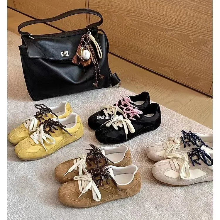 Multi-Color Retro Casual Sneakers For Women Suede And Leather Upper Lace Up Design With Double Laces Round Toe Comfortable Flat