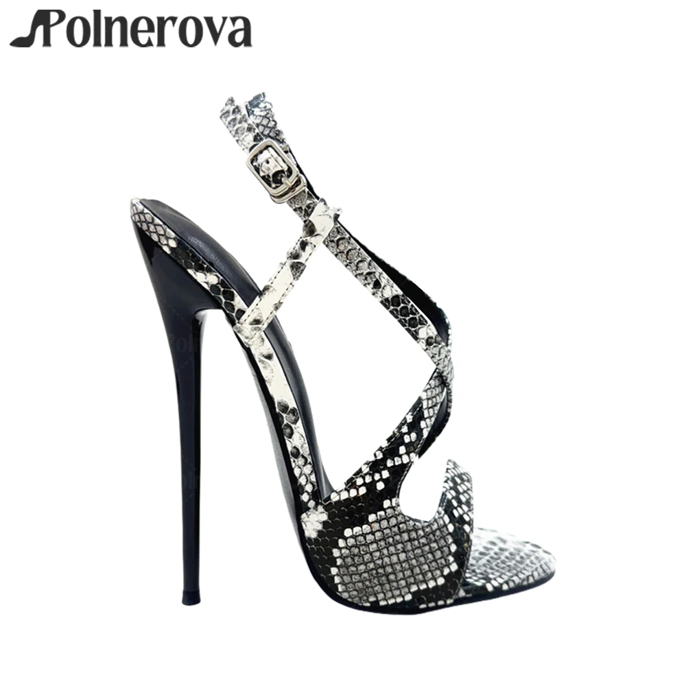 

16cm Extreme Stiletto Sandals Snake Print Peep Toe Sexy High Heels Lacquer Heel Multicolor Ankle Buckle High Heels Women Sandals