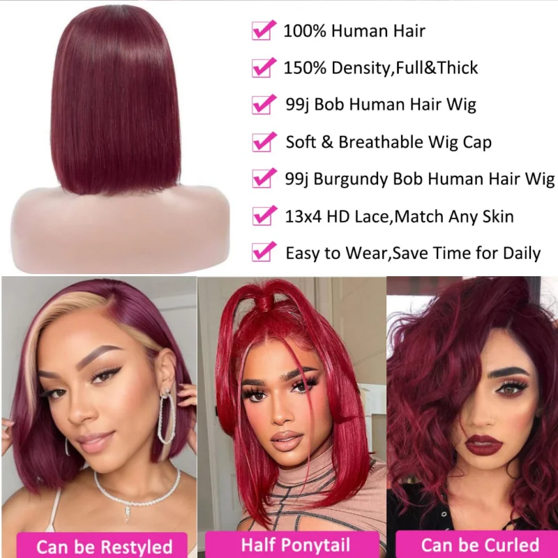 99j Burgundy Straight Bob Wig Virgin Human Hair 13×4 Lace Frontal Wig 200% Density Lace Front Wig Bob Wigs For Women on Sale image 6