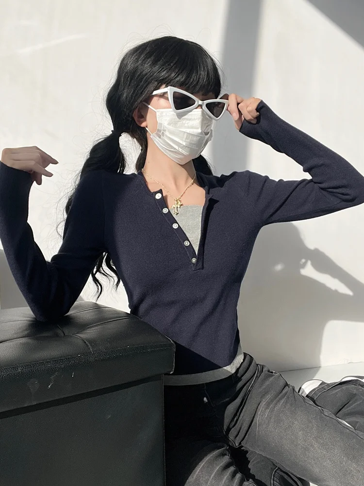 American ABG Spicy Girl Sle lavorato a maglia Ne Hanging irt Slim Fit oulder High Long Sve Base irt Street Sle ort Lunghezza