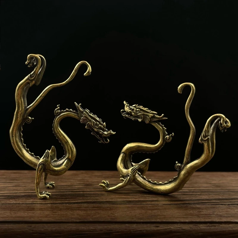 Solid Brass Zodiac Dragon Statue Desktop Ornament Chinese Mythical Beast Figurines Retro Home Feng Shui Decorations Crafts