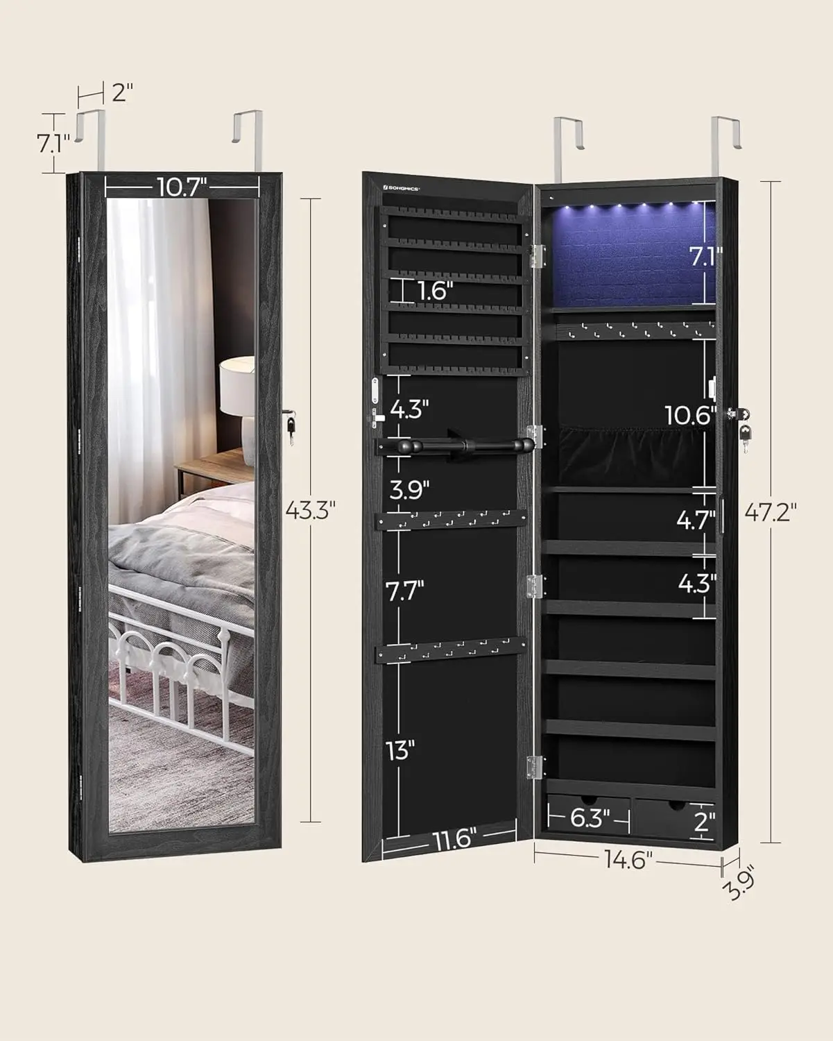 Spiegel-Schmuckschrank mit 6 LEDs, 47,2 Zoll hoher Wand- oder Türmontage-Schmuckschrank-Organizer mit Spiegel, 2 Schubladen
