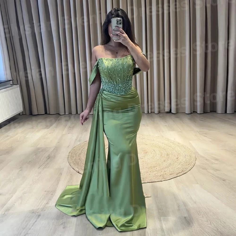 Charming Women's Mermaid Off Shoulder Evening Dresses Customized Robe De Soirée Prom Gowns Sleeveless Beaded Vestidos Para Mujer
