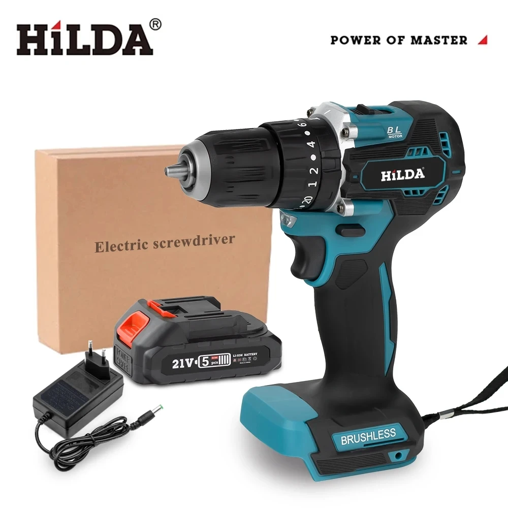 HILDA 21V Multi Functional Electric Impact Drill Cordless Screwdriver Power Tools 20+1 Torque For 21V Makita Lithium Battery