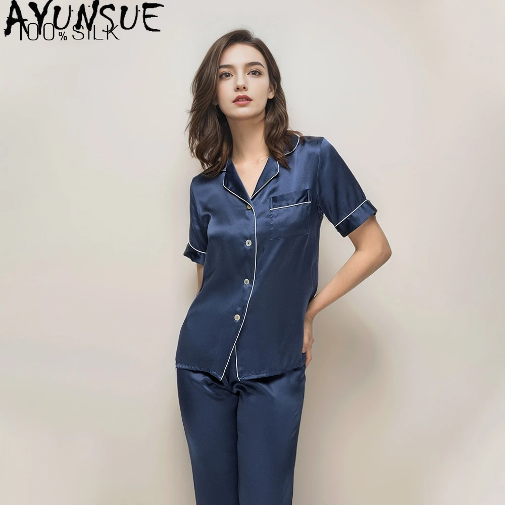 AYUNSUE 16Mm 100% Mulberry Silk Sleepwear Women Clothes Summer Pajama Sets Casual Pants Short Sleeve Top Two-piece Set Пижама