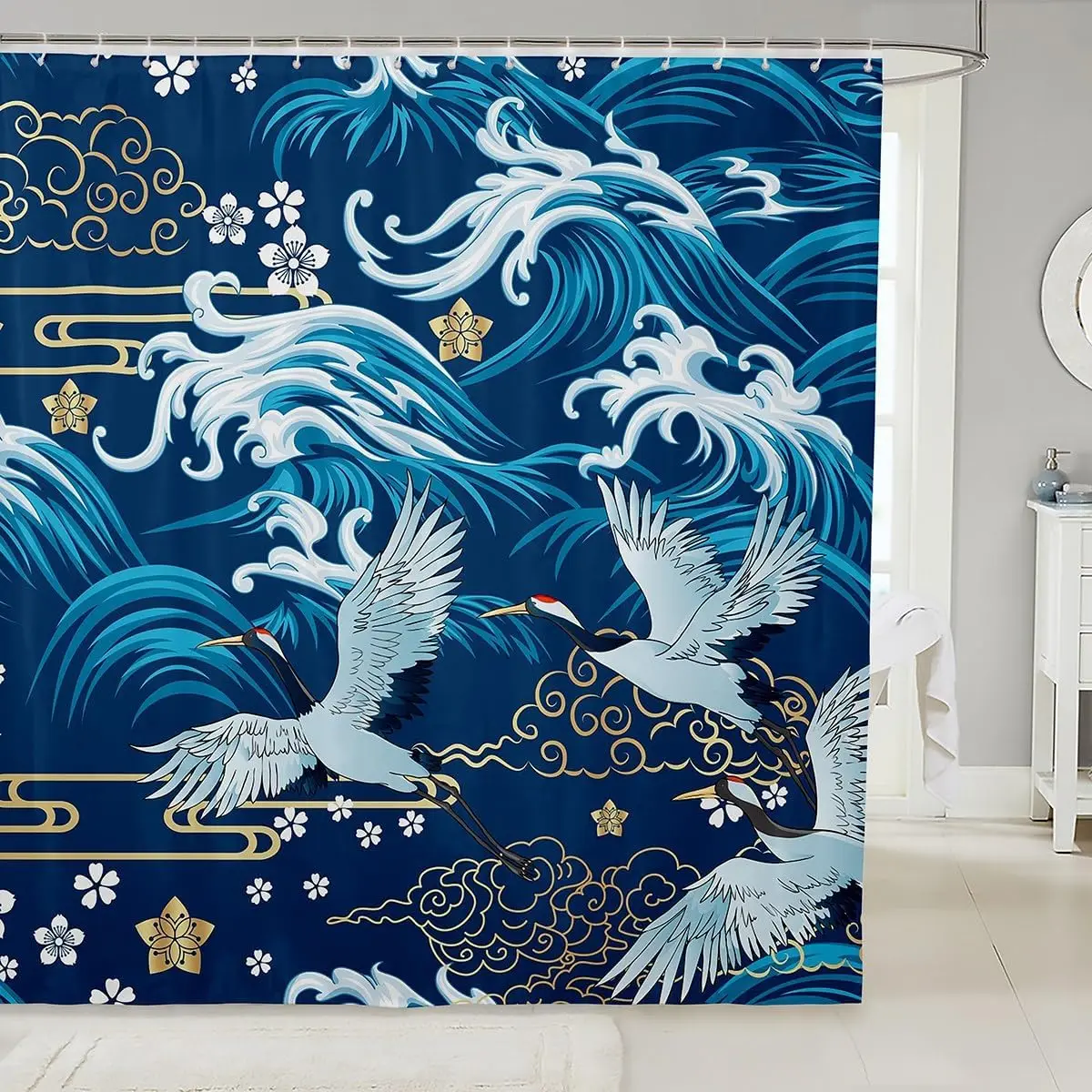 Crane Asian Style Blue Shower Curtain Flowers Sea Wave Animal Print Bathroom Decor Vintage Classical Polyester Bathtub Curtain