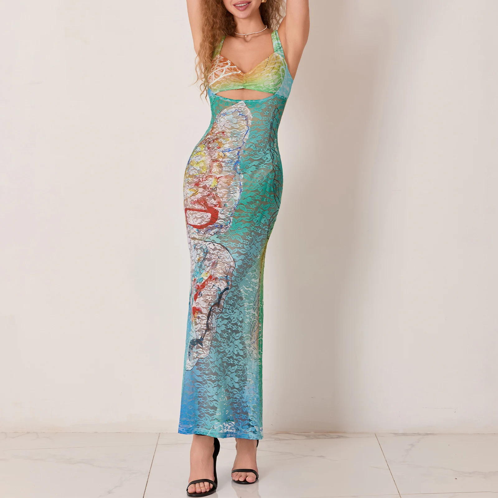 

Women's Long Slim Cami Dress Sleeveless Open Back Hollow Colored Pattern Print Fitted Dresses