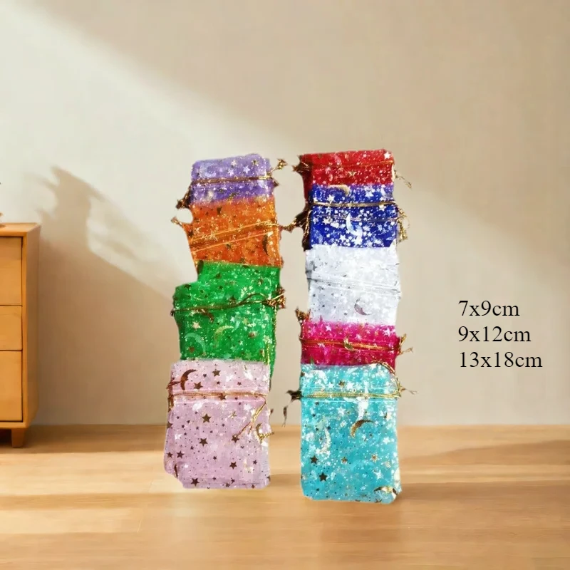

500pcs Wholesale Moon Stars Organza Pouches Drawstring Gift Bags Wedding Sachet Packaging Birthday Party Favors Goodie Supplies