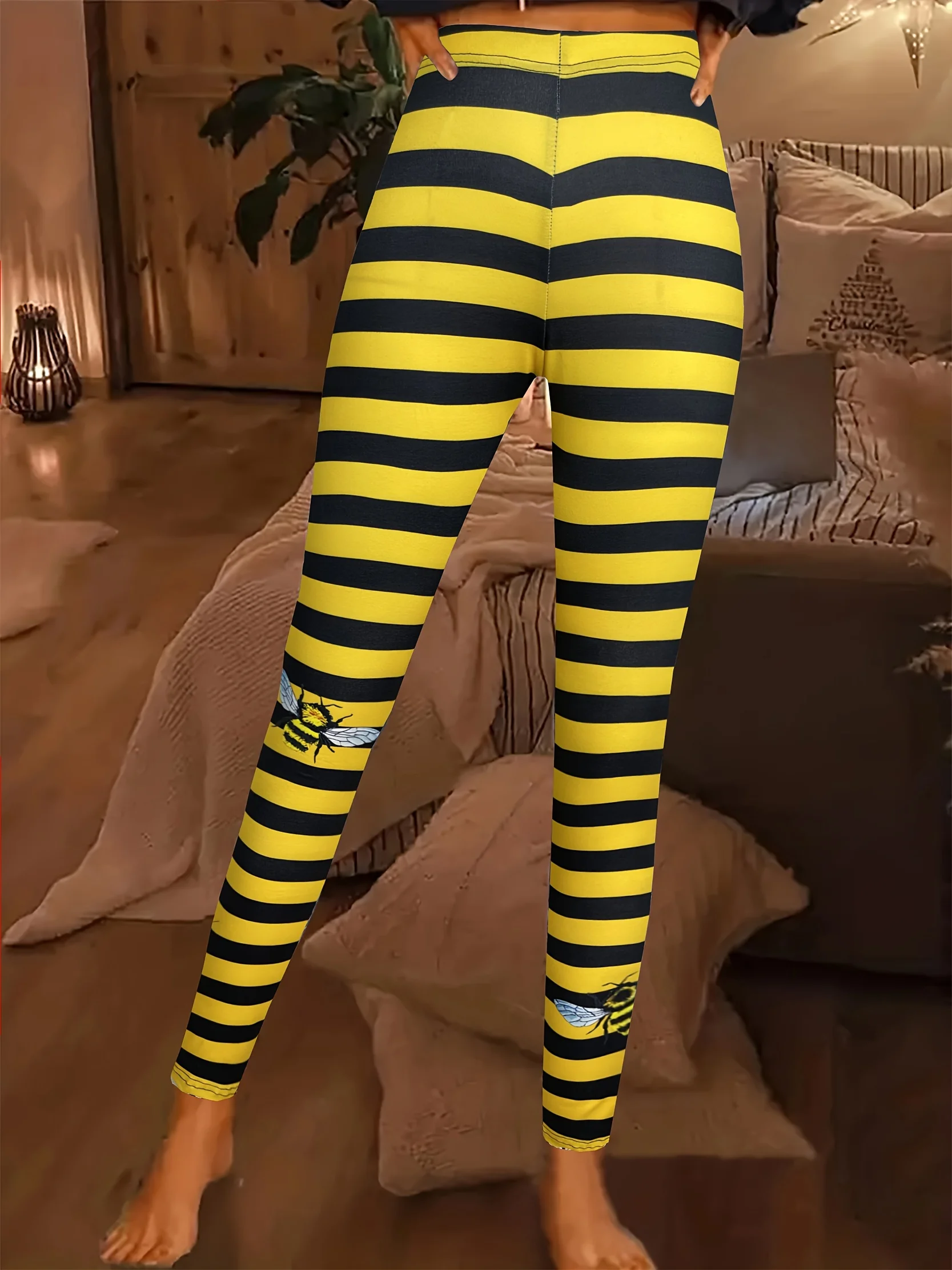 Women's Mid‑Rise Fleece Lined Leggings Yellow Black Stripe Cute Bee Print Stretch Warm Ladies Casual Pants