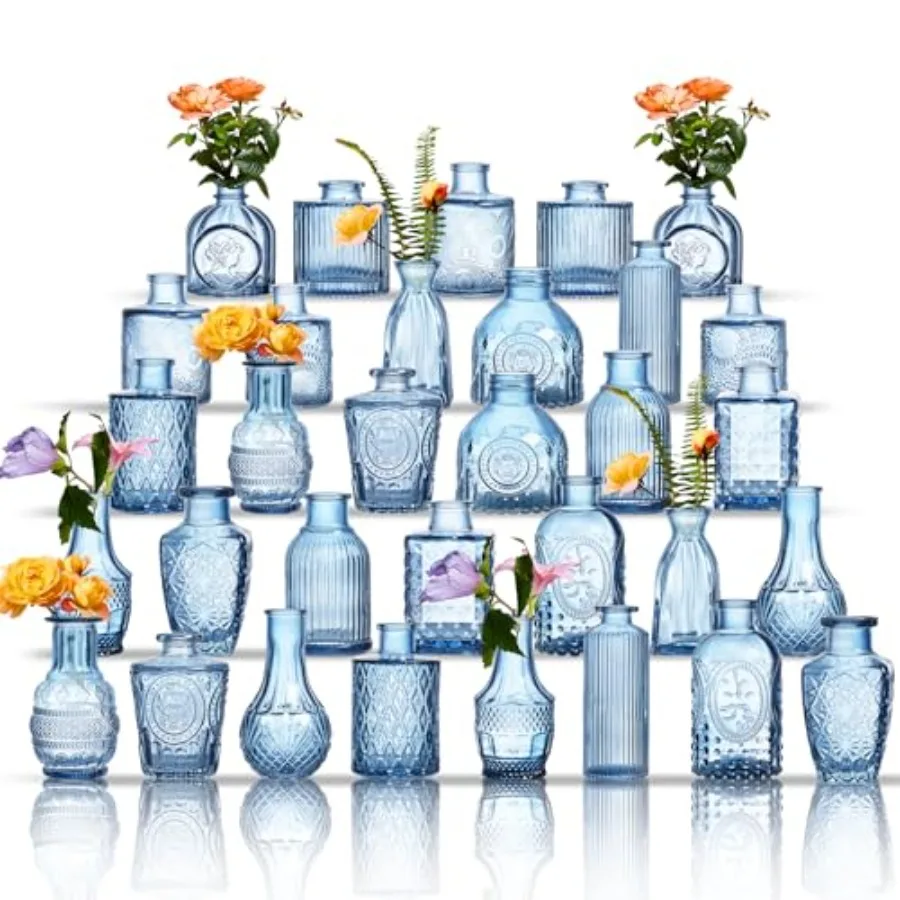 

Набор из 32 стеклянных ваз для цветов - Ассорти из маленьких мини-ваз из стекла для цветов, хрустальные винтажные вазы оптом, центральные элементы декора для стола