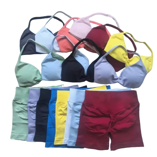 Imagen 2 del producto Traje de Yoga para Fitness para mujer, sujetador con cuello, Top, mallas deportivas, gimnasio, Pilates, levantamiento de cadera sin costuras, traje de Yoga para ciclismo de verano