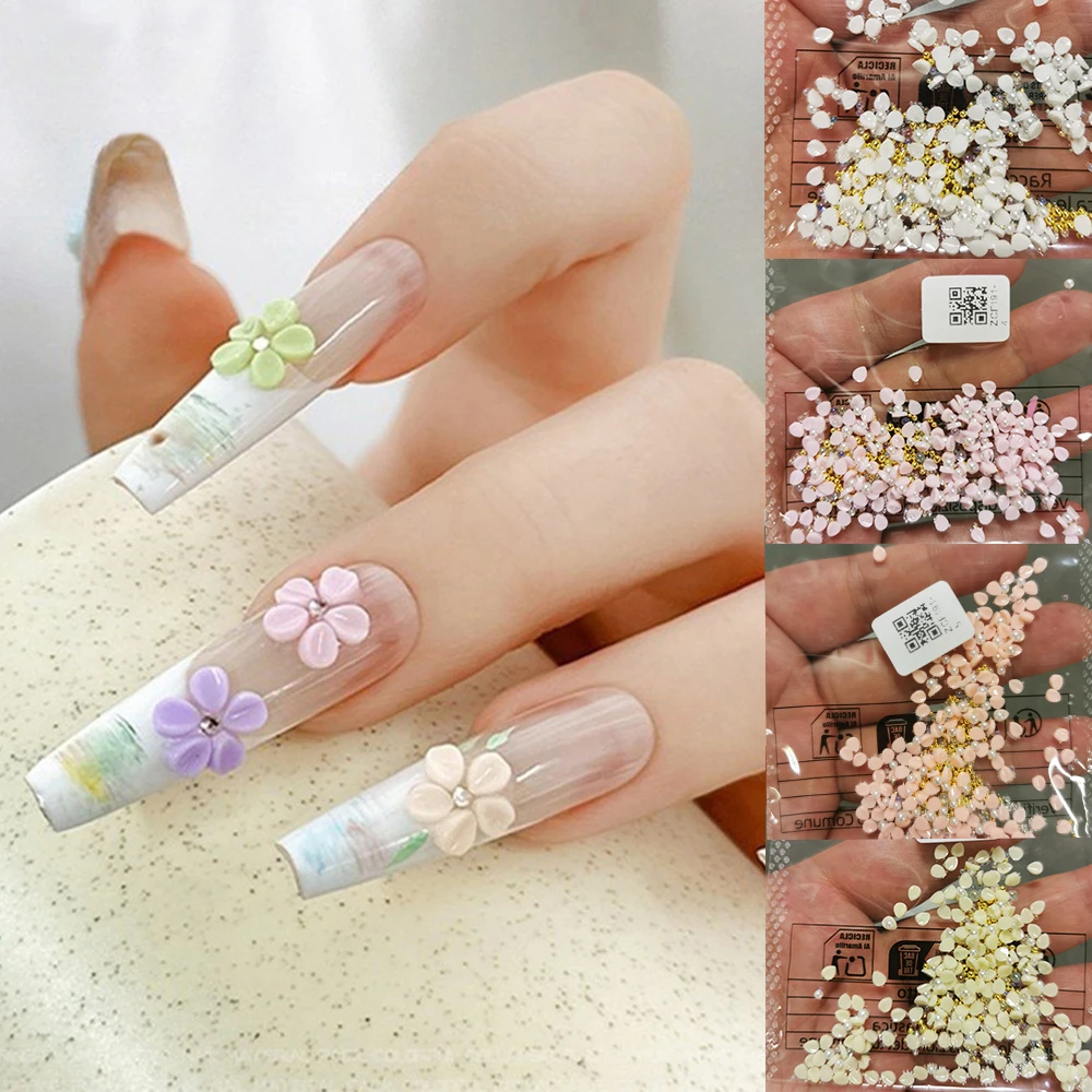 150pcs/Bag 3D Macaron Round Pearls Nail Charms Exquisite Resin Carved Petals Mixed Golds Beads Pearl Nail Parts DIY Nail Supply
