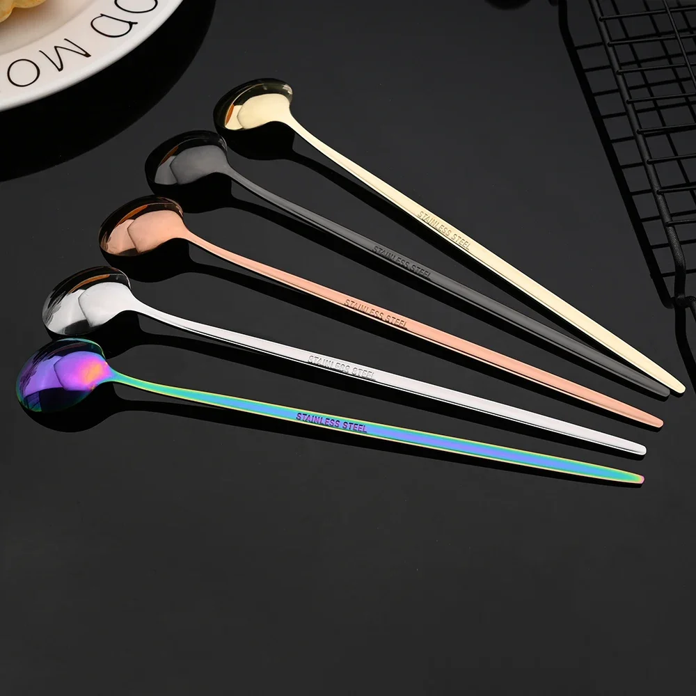 6Pcs Coffee Stirring Spoon Flatware Cutlery Set Juice Black Gold Tea Spoons Dinnerware Ice Cream Long Handle Scoop Kitchen Tools