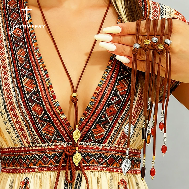 Letdiffery Leaf Adjustable Cord Necklace Stainless Steel Simple Bohemia Beads Tassel Sexy Handmade Pendant Jewelry for Women