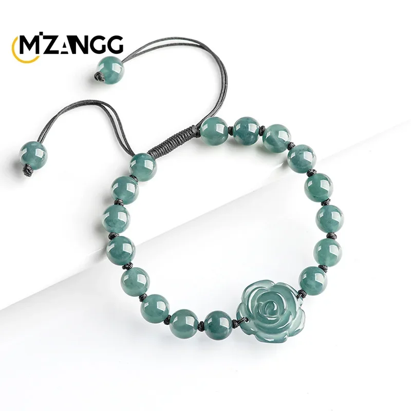 Natural Myanmar Jadeite Blue Water Rose Bracelet Hand-woven Hand Rope Ice Jade Lovers Fashion Exquisite Jewelry Holiday Gift 