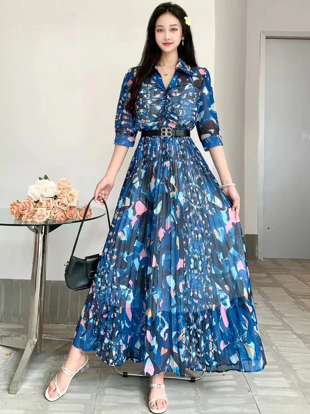 2024 New Spring Summer V-Neck Women Half Sleeve Belt Slim Long Dress High Quality Elegant Pleated Big Hem Vintage Floral Dress