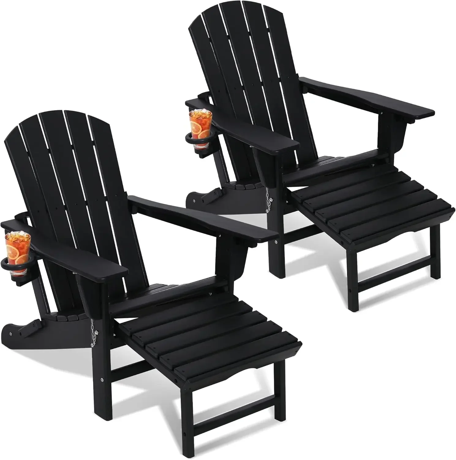 Adirondack Chair with Pull Out Retractable Ottoman,Set of 2 Adjustable Reclining  Folds and Collapses for Easy Carry, 100% Poly