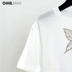 High Quality 2024 Spring Summer Women Diamond White Short Sleeve T-Shirt Tops Female Casual All-Match Round Neck Simple Tee