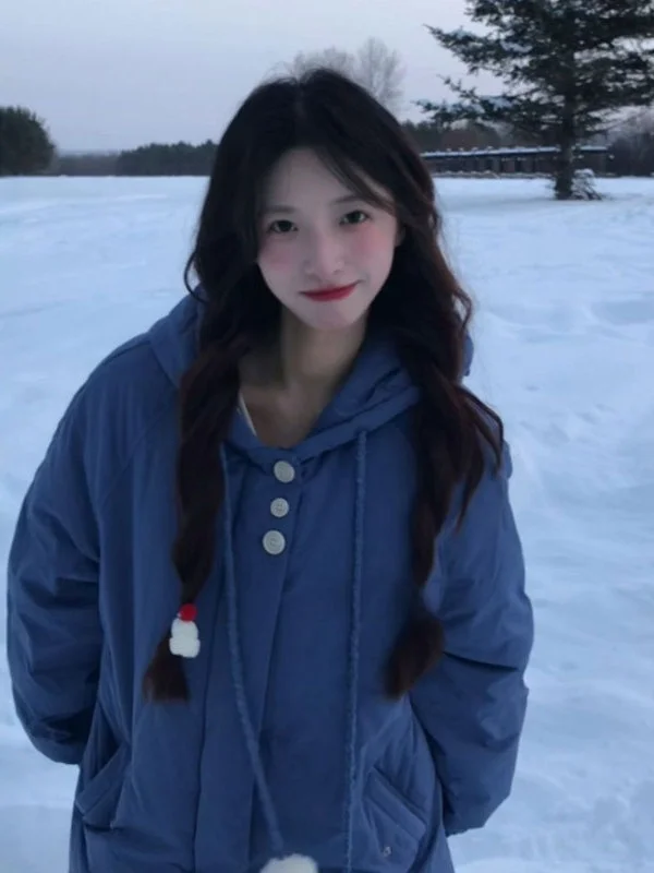 

Korean Sle Unique Blue Hooded Cotton Jaet Women's 2026 Spring Small Size Mid-Length Cotton Wool Outerwear