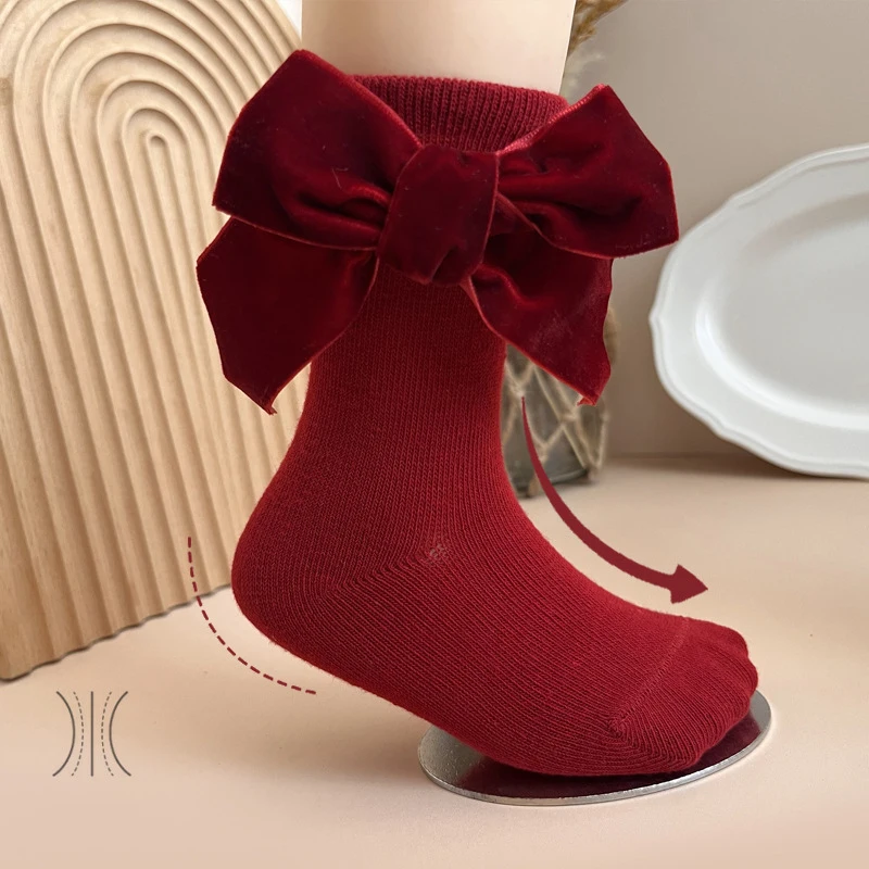 Red Silk Velvet Bow Tie Medium Tube Socks Children Girls Christmas Stockings Baby Non Slip Toddlers Soft Cotton Floor Socks