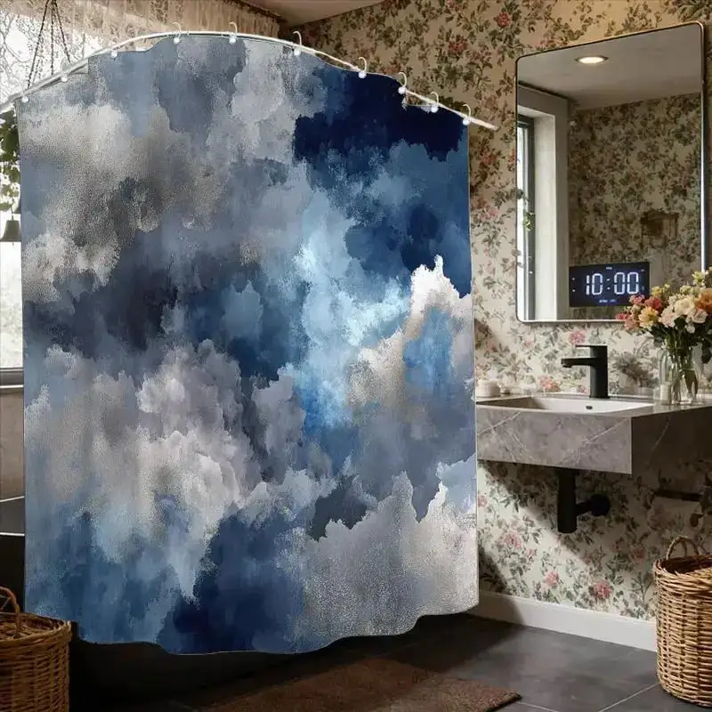 bstract Cloudscape Shower Curtain – Watercolor Indigo & Gray Textured Sky, 12 Hooks, 70.87×70.87