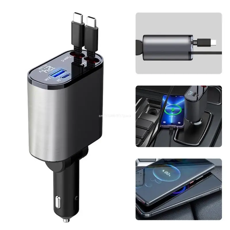 2 USB C Car with Telescopic Cable Car Phone Charging 100w Two USB C Extension Cord Charging Adapter Dropship