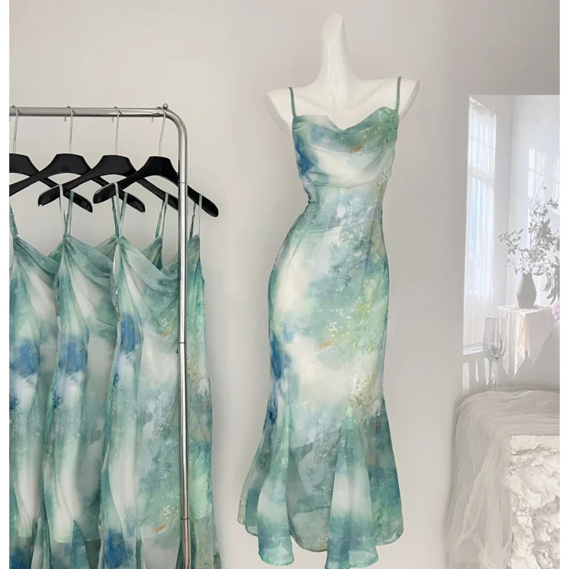 Tie-dyed Green Women's Clothing Dress Long Dresses Sweet Fashion Summer Dresses 2024 French Vest Fishtail Skirt High Waist Dress