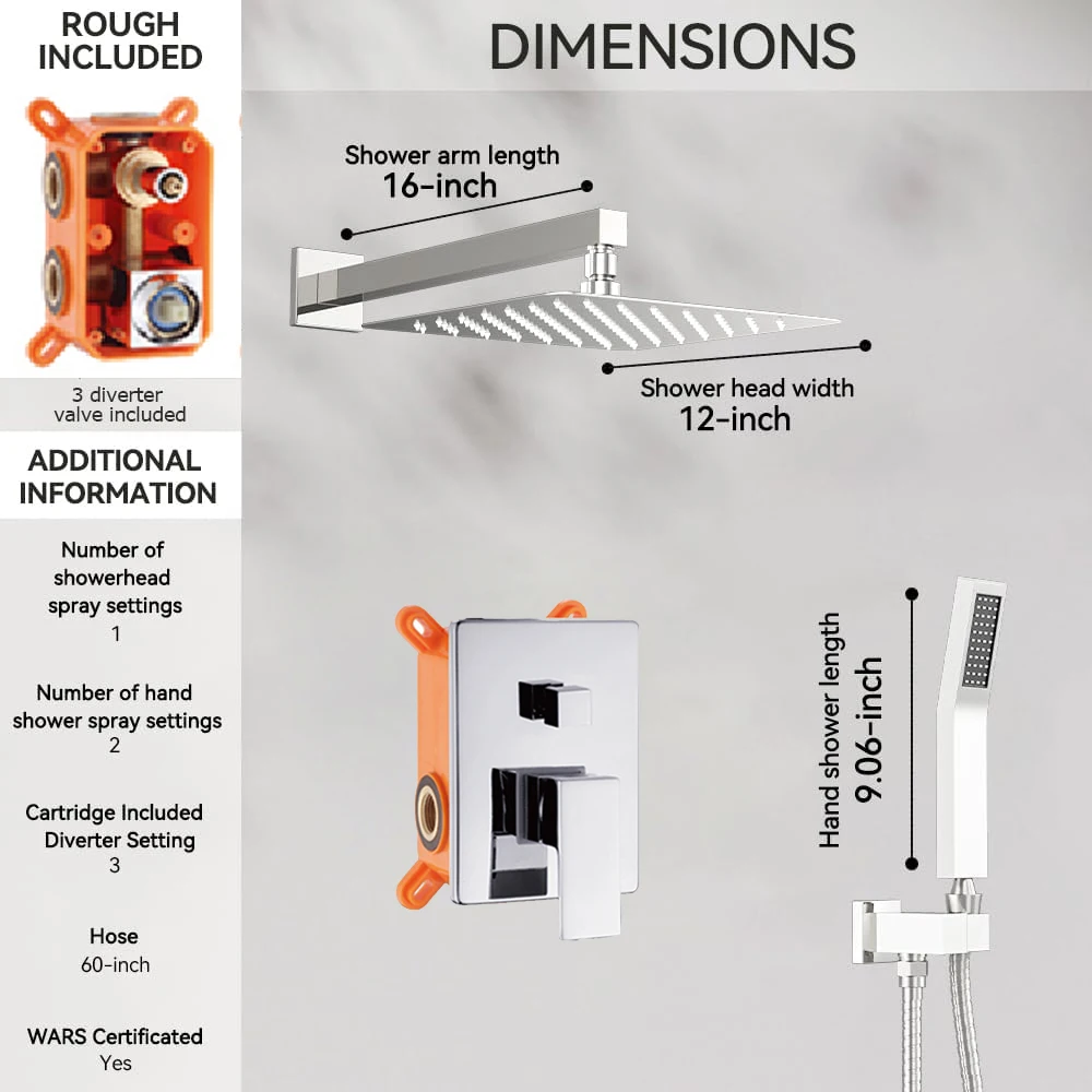 Shower Faucet Set Ceiling Mount Shower System Rough-in Valve and Shower Trim Kit 12 Inch Shower Head Single Handheld Spray Squar