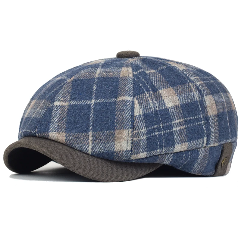 Plaid Thick Octagonal Hat Autumn Winter Woolen Newsboy Cap Beret Men Women England Gatsby Retro Hat Driver Flat Cap