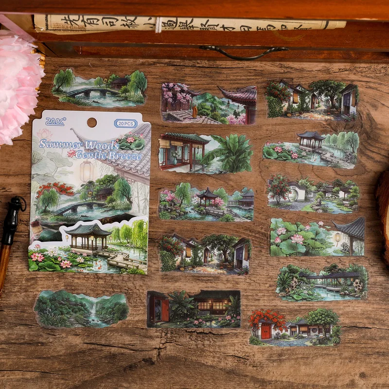 20Pcs Oriental Four Season Courtyard View Sticker Set Classical Yard Plants Building Pattern Decals For Handmade Scrapbook