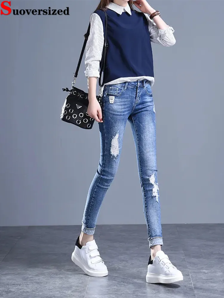 

Ripped Hole Skinny Ankle-length Pencil Vaqueros Vintage Casual High Waist Lifts Hip Strecth Jeans Women Streetwear Denim Pants