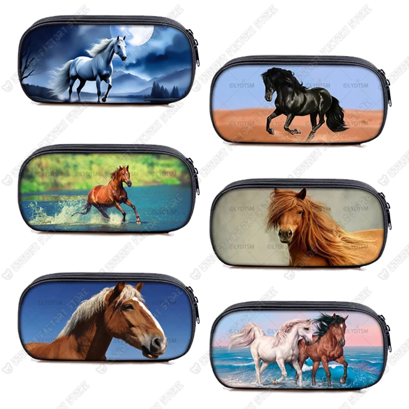 Estuches de cosméticos con estampado de caballo/poni para mujer, bolsas de maquillaje para mujer, caja de lápices para niños y niñas, Kdis