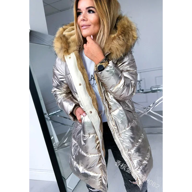 Women\'s Cotton Jacket, Warm, Solid Color, Glossy Zipper, Inner Fur Collar, Winter Fashion Mid Length Jacket