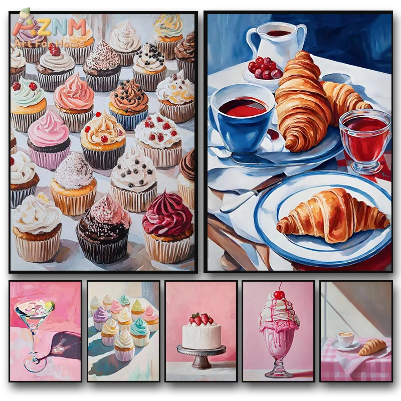 AZNM Oil Painting Cupcake Croissant Dessert Coffee Frameless Canvas Poster Sweet Food Themed Cafe Kitchen Wall Art Decor