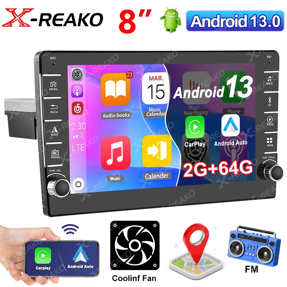 X-REAKO 8 inch Car Radio Wireless CarPlay Double knob Android Auto Stereo GPS Multimedia Video Player 1 Din Android Head Unit