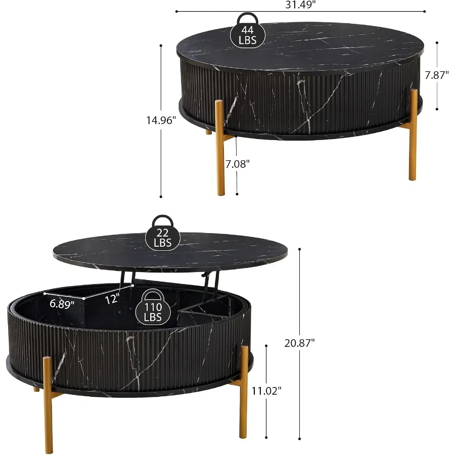 Living room coffee table: 31.5 round lift-top with faux marble top, black finish, hidden storage compartment, fluted circular d