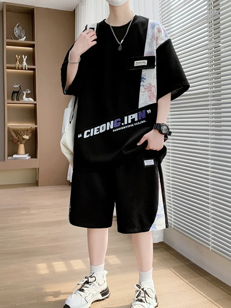 

Extra Large Size Men's ort Sve T-irt Set Summer Trendy Casual Sportswear Polyester Fiber Big Size Clothing Ensemble