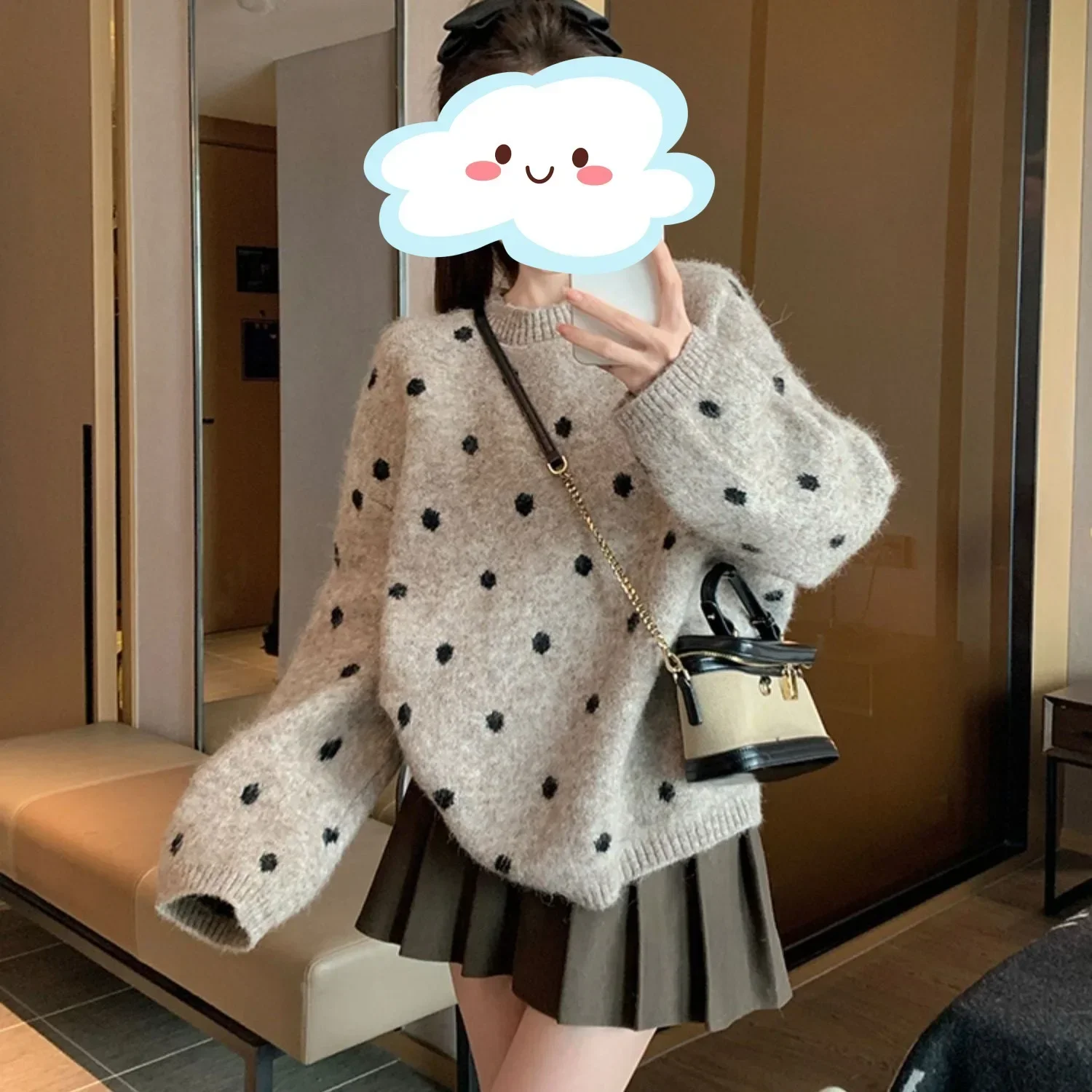 Suéter de punto holgado con cuello redondo para mujer, ropa de abrigo versátil y cómoda con estampado de lunares para otoño e invierno, estilo invernal, grueso