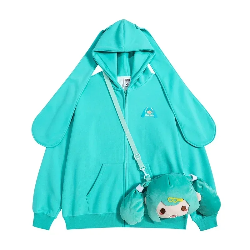 2024 New Hatsune Miku Original Design Cartoon Cute Rabbit Ear Cardigan Hooded Sweater Girl Autumn And Winter Zipper Plush Coat