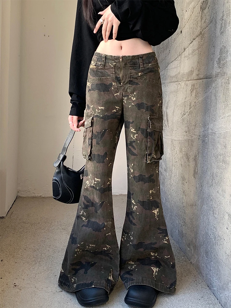 Women Camouflage Flare Jeans Gyaru Japanese Harajuku Y2K Low Rise Denim Cargo Pants Bell-Bottom Trousers Kpop Shoujo Punk Tide